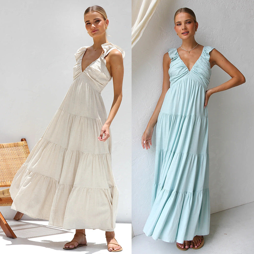 Damen Maxikleid – Lockerer Schnitt – Stufiges Design – Rüschen-Träger – Atmungsaktives Material