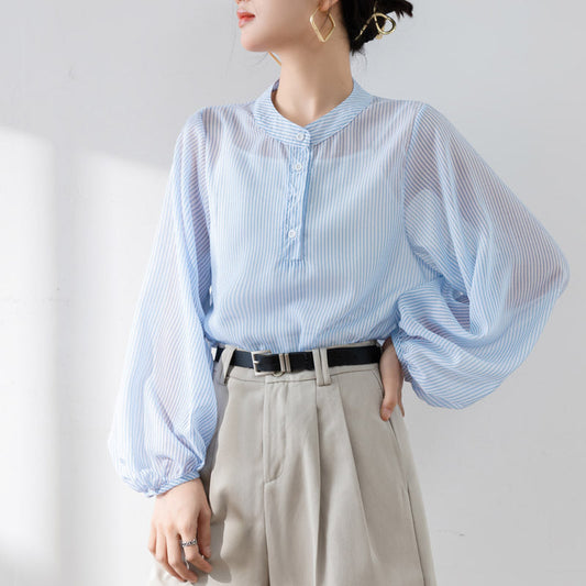 Damen Bluse – Lockerer Schnitt – Transparenter Stoff – Puffärmel – Stehkragen
