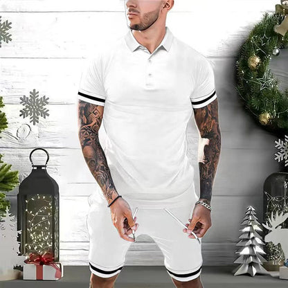 Herren Set – Poloshirt & Shorts – Slim Fit – Atmungsaktiv – Kurzarm – Sportliche Streifen – Elastischer Bund