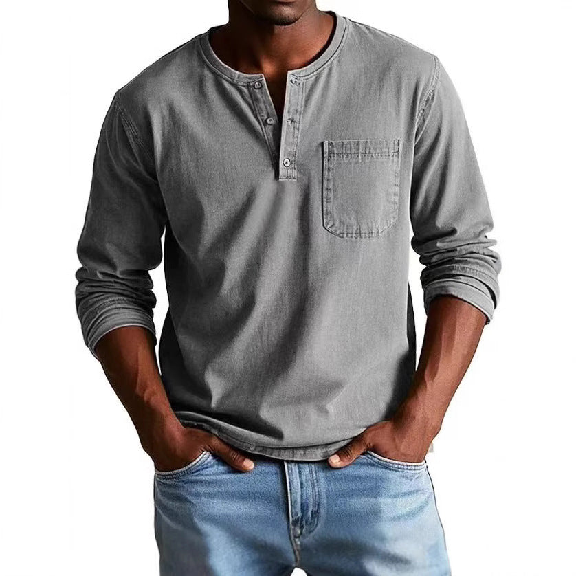 Herren Langarm-T-Shirt – Slim Fit – Atmungsaktive Mischung – Knopfleiste mit Brusttasche