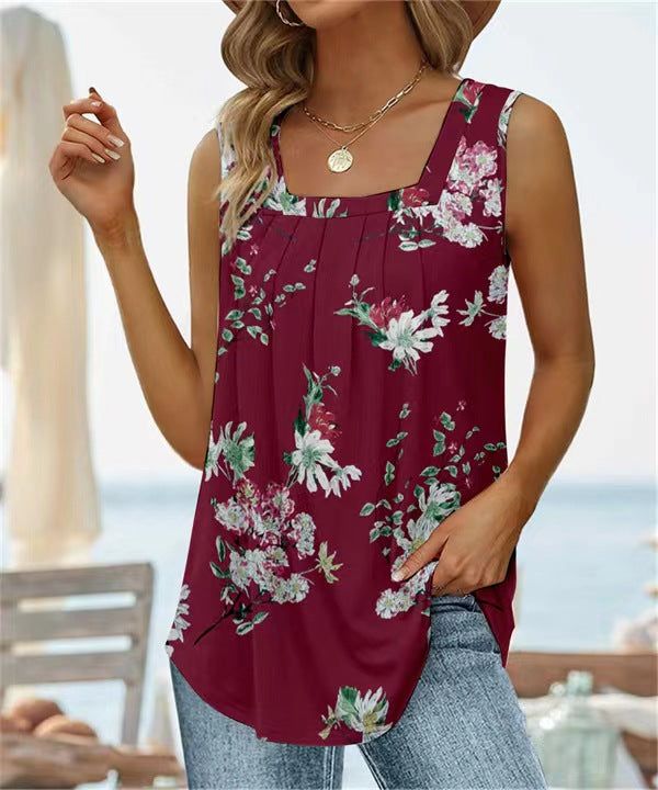 Damen Top ärmellos – Lockere Passform – Atmungsaktives Material – Blumenmuster