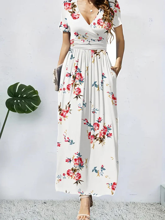 Damen Maxikleid – Wickelstil – A-Linie – Geblümtes Muster – Kurzarm – Atmungsaktiv