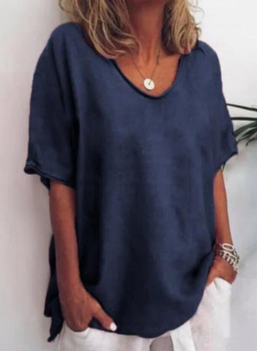 Damen T-Shirt – Linnen Baumwollmix – Lockerer Schnitt – V-Ausschnitt Kurzarm