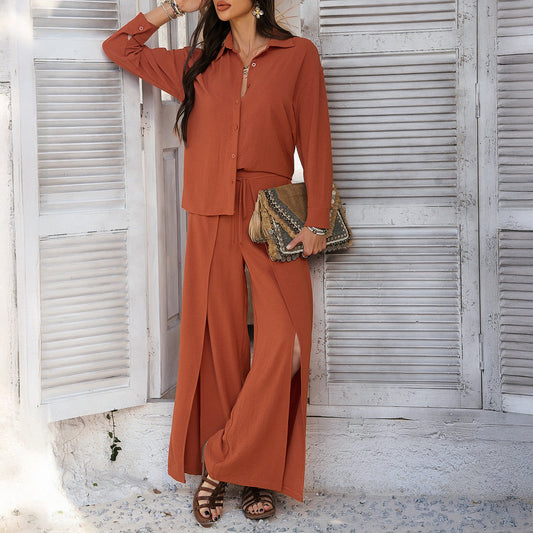 Damen Zweiteiler Set – Lockeres Hemd – High-Waist Hose mit Bindegürtel und Schlitz