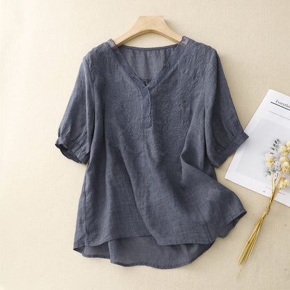 Damen Kurzarm Bluse – Lockere Passform – V-Ausschnitt – Bestickt – Atmungsaktiv