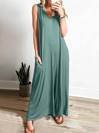 Damen Maxikleid – Weicher Feinstrick – Ärmellos – V-Ausschnitt – Seitentaschen