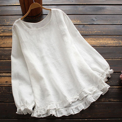 Damen Bluse – Lockerer Schnitt – Cotton-Linnen – Rüschenärmel – Rundhals Langarm