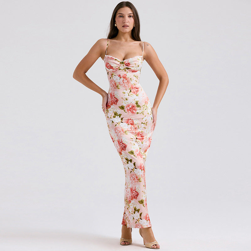 Damen Maxikleid – Slim Fit – Spaghetti-Träger – Satinoptik – Blumenmuster Eleganz