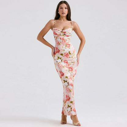 Damen Maxikleid – Slim Fit – Spaghetti-Träger – Satinoptik – Blumenmuster Eleganz