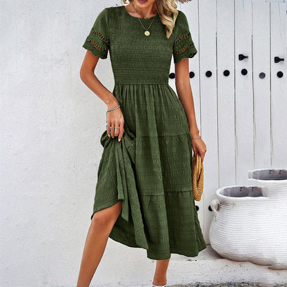 Damen Midikleid – Smock-Oberteil – Stufenrock – Cut-Out-Ärmel – Fließender Schnitt
