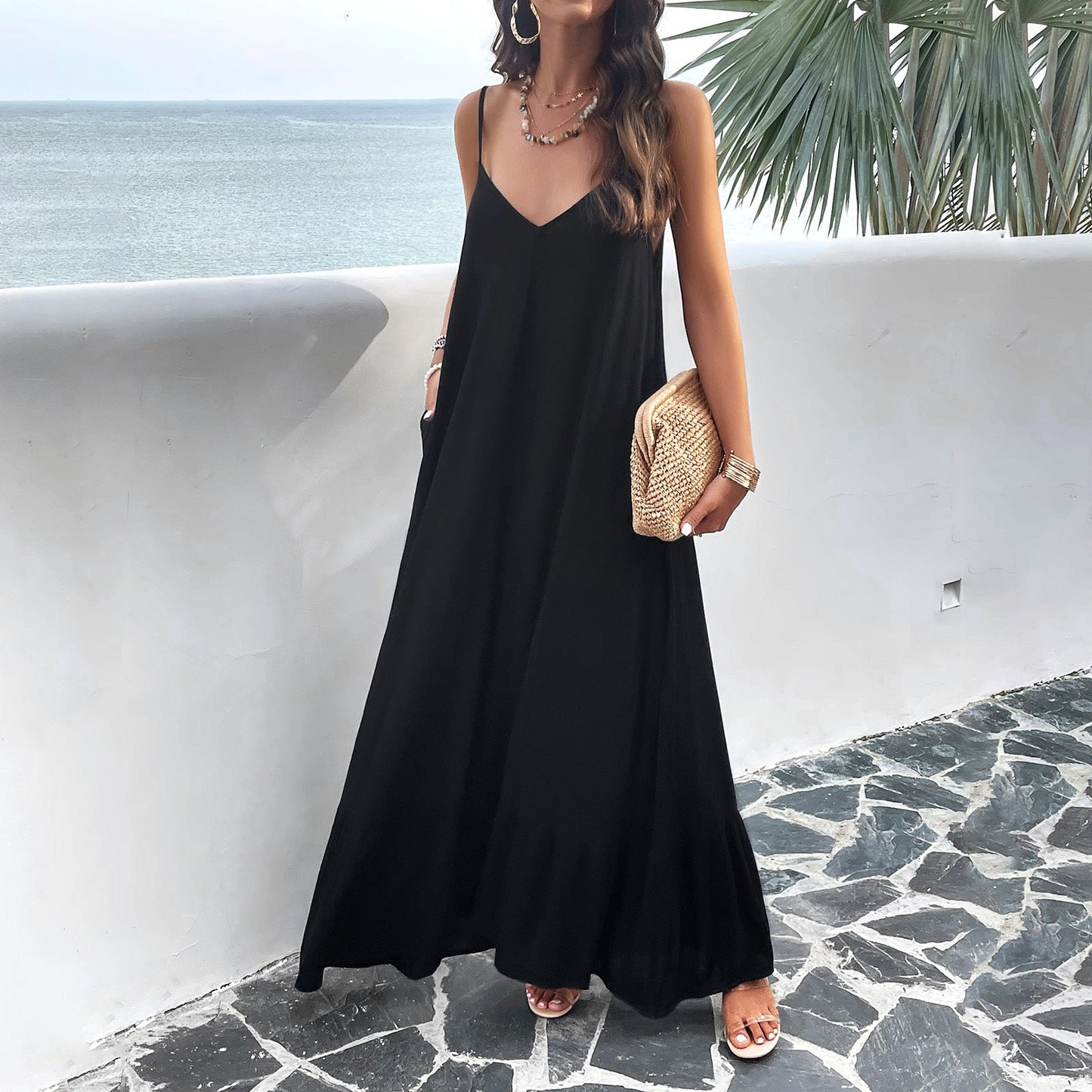 Damen Maxikleid – A-Linie – V-Ausschnitt – Spitzendetails – Leichter Baumwollmix