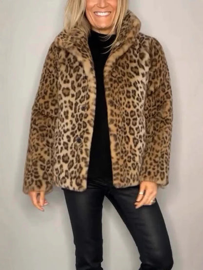 Damen Mantel – Kunstfell – Oversize Passform – Reverskragen – Leopardenmuster