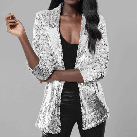 Damen Blazer – Taillierter Schnitt – Paillettenstoff – Offene Front – Lange Ärmel