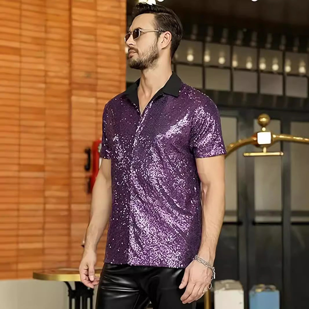 Herren Hemd – Slim Fit – Paillettenbesatz – Kontrastkragen – Festlicher Look