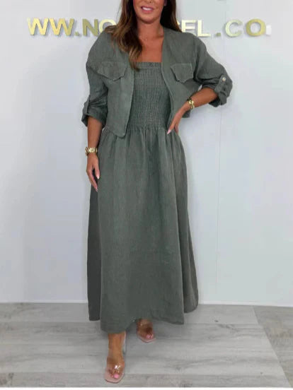 Damen Maxikleid Set – Smock-Oberteil – Lockerer Schnitt – Baumwolle – Kurzjacke