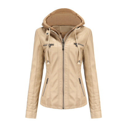 Damen Kapuzenjacke – Slim Fit – Kunstleder – Abnehmbare Kapuze – Zipper Taschen