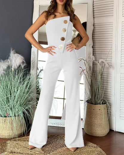 Damen Jumpsuit – One-Shoulder Design – Slim Fit Oberteil – Weites Bein – Knopfdetails