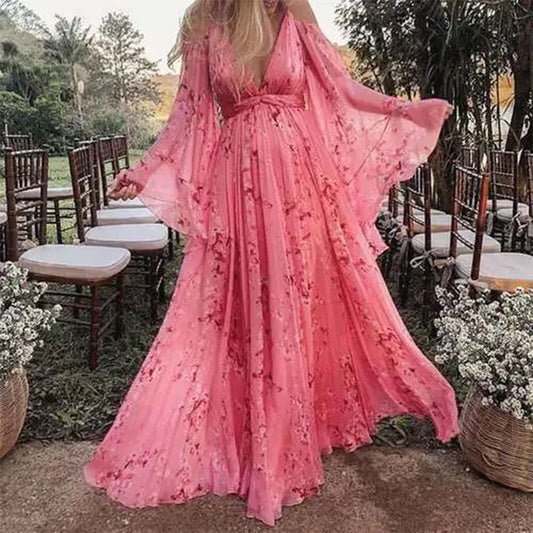 Damen Maxikleid – Eleganter A-Linien Schnitt – Luxusstoff – Tiefer V-Ausschnitt – Flatterärmel