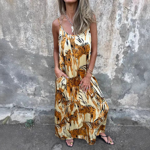 Damen Maxi Kleid – Lockerer Schnitt – Verstellbare Träger – Naturfaser – Mit Taschen