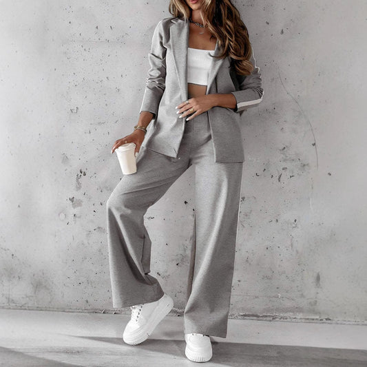 Damen Blazer Set – Relaxed Fit – Atmungsaktive Mischung – Weites Bein – Hohe Taille