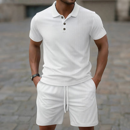 Herren Set – T-Shirt & Shorts – Slim Fit – Atmungsaktiv – Texturiertes Design – Knopfleiste – Elastischer Bund
