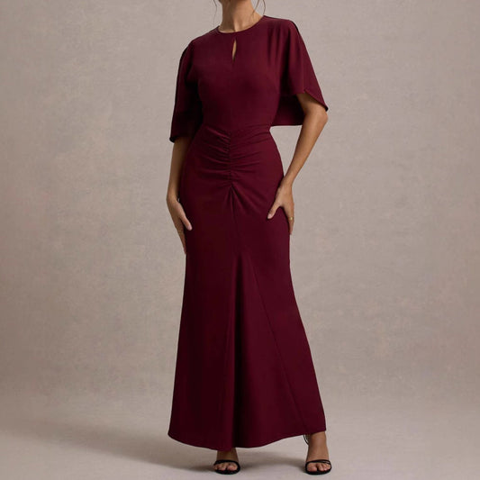 Damen Maxikleid – Figurbetont – Luxusstoff – Raffung – Schlüssellochausschnitt