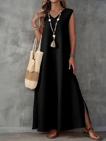 Damen Maxikleid – Lockerer Schnitt – V-Ausschnitt – Ärmellos – Seitenschlitze – Baumwolle