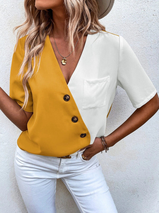 Damen Bluse – Lockerer Schnitt – V-Ausschnitt – Kurzarm – Colorblock mit Knöpfen