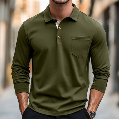 Herren Langarm Poloshirt – Slim Fit – Atmungsaktiv – Brusttasche – Stretch Baumwolle