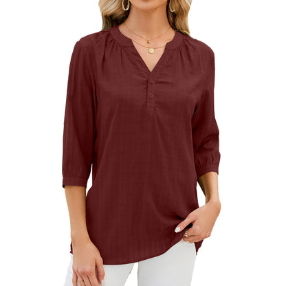 Damen Bluse – Lockere Passform – Atmungsaktives Material – 3/4 Arm – V-Ausschnitt