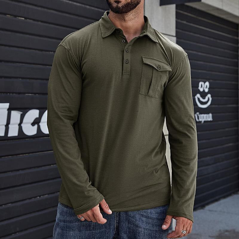 Herren Langarm Henley Polohemd – Baumwolle – Stehkragen – Brusttasche – Lockerer Schnitt