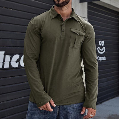 Herren Langarm Henley Polohemd – Baumwolle – Stehkragen – Brusttasche – Lockerer Schnitt