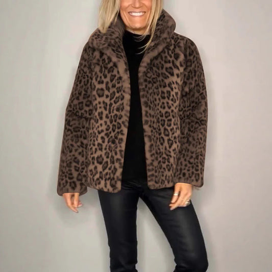 Damen Mantel – Kunstfell – Oversize Passform – Reverskragen – Leopardenmuster
