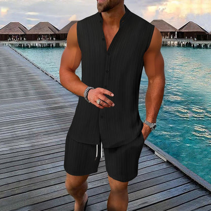 Herren Ärmelloses Hemd – Linnen – Relaxed Fit – Stehkragen – Knopfleiste