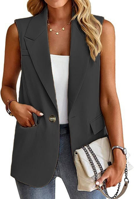 Damen Blazer Weste – Taillierter Schnitt – Ärmellos – Reverskragen – Hüftlang