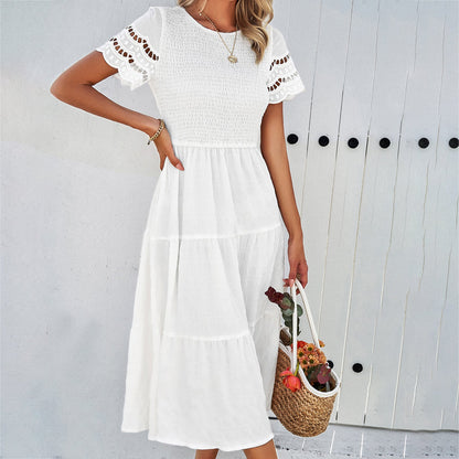 Damen Midikleid – Smock-Oberteil – Stufenrock – Cut-Out-Ärmel – Fließender Schnitt