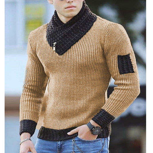 Herren Pullover – Slim Fit – Rippenstrick – Schalkragen mit Reißverschluss – Wollmix
