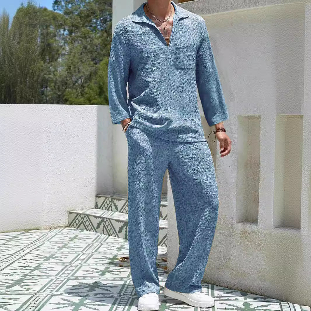 Herren Lounge Set – Relaxed Fit – Weicher Rippstrick – Langarmshirt & Hose