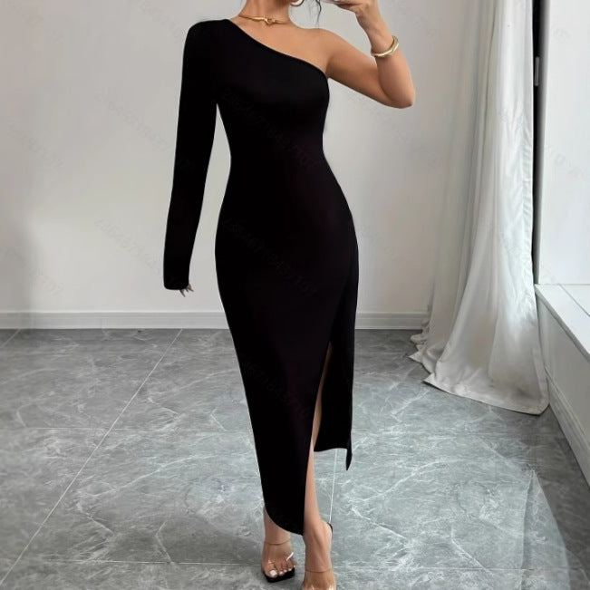 Damen Bodycon Kleid – Off-Shoulder – Asymmetrischer Schlitz – Elegantes Abendkleid