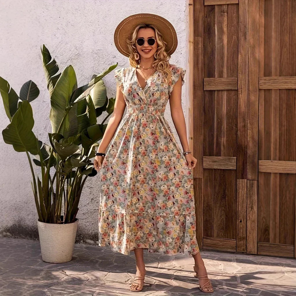 Damen Maxikleid – Lockerer Schnitt – V-Ausschnitt – Florales Muster – Stufenrock