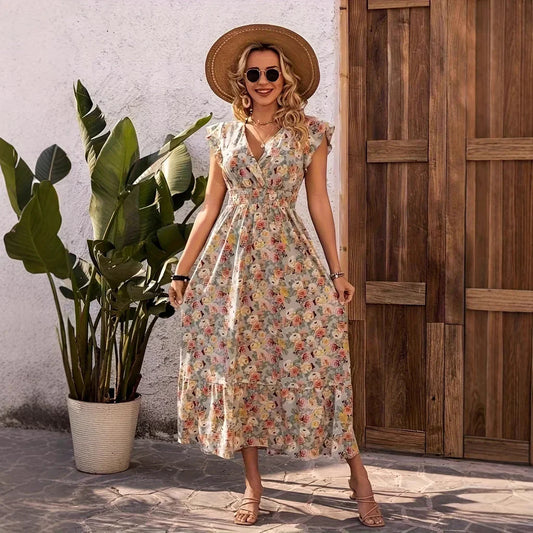 Damen Maxikleid – Lockerer Schnitt – V-Ausschnitt – Florales Muster – Stufenrock