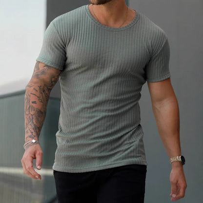 Herren T-Shirt – Slim Fit – Gerippte Struktur – Atmungsaktive Stretch-Faser – Rundhals