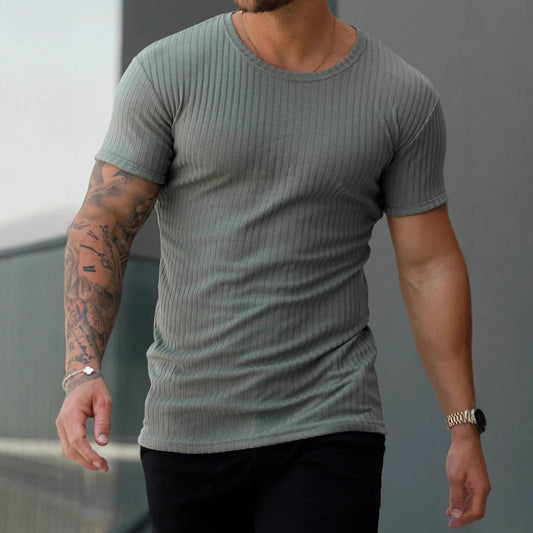 Herren T-Shirt – Slim Fit – Gerippte Struktur – Atmungsaktive Stretch-Faser – Rundhals