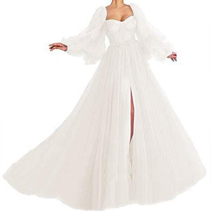 Damen Abendkleid – Tülloptik – Herzausschnitt – Voluminöse Ärmel – Beinschlitz