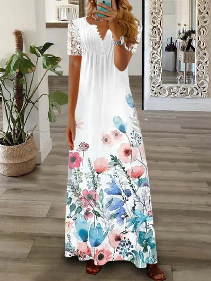 Damen Maxikleid – Fließender Schnitt – Spitze Kurzarm – Knopfleiste Elegant