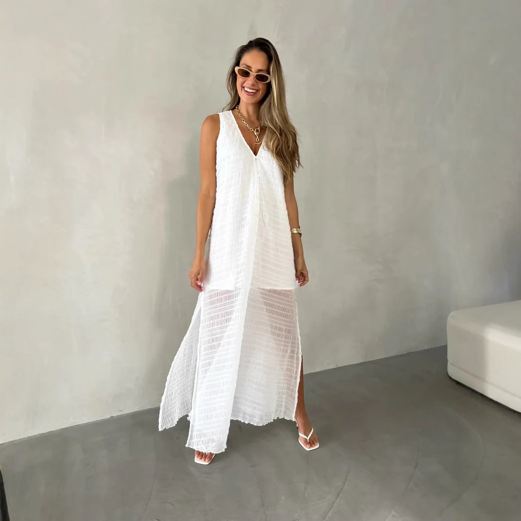 Damen Maxikleid – Fließende Passform – Ärmellos mit V-Ausschnitt – Spitze mit Schlitz