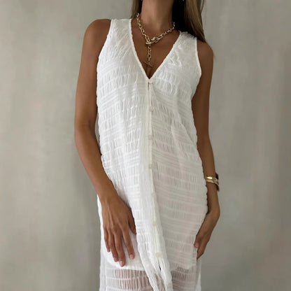 Damen Maxikleid – Fließende Passform – Ärmellos mit V-Ausschnitt – Spitze mit Schlitz