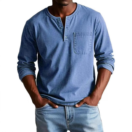 Herren Langarm-T-Shirt – Slim Fit – Atmungsaktive Mischung – Knopfleiste mit Brusttasche