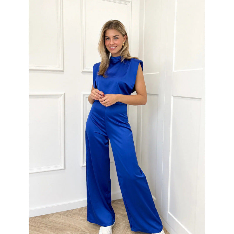 Damen Jumpsuit – Satinoptik – Weit Bein – Ärmellos – Lockerer Schnitt – Hoher Ausschnitt