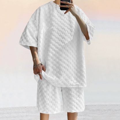 Herren Freizeit Set – Lockeres Shirt & Gerade Shorts – Weiches Jacquard-Strick